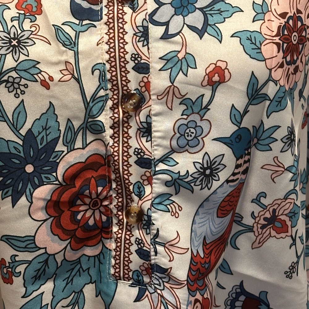 Western Boho Apricot Peacock Floral Print V Neck Blouse - Picture 4 of 5